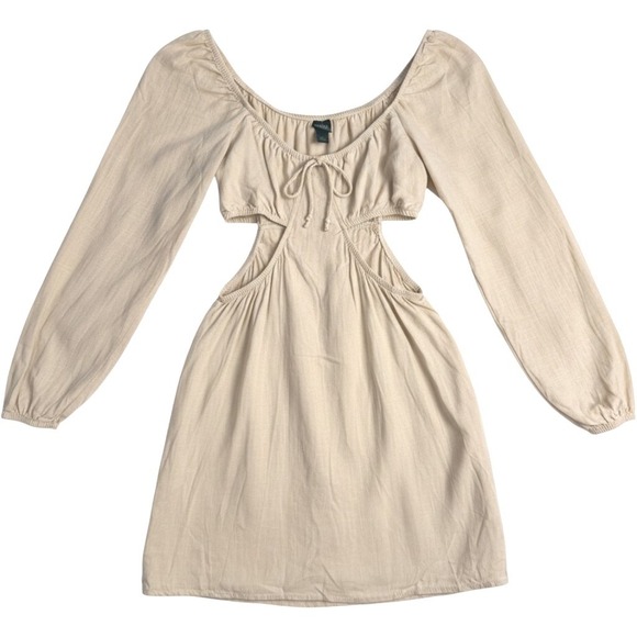 wild fable Dresses & Skirts - Wild Fable Tan Linen Blend Cut Out Mini Dress Long Sleeve Boho Small